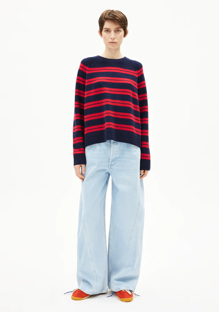 ARMEDANGELS LILIRIAA FINE STRIPES Tinted Navy - Candy Apple