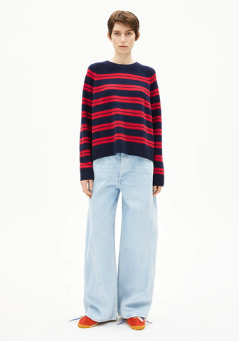 ARMEDANGELS LILIRIAA FINE STRIPES Tinted Navy - Candy Apple