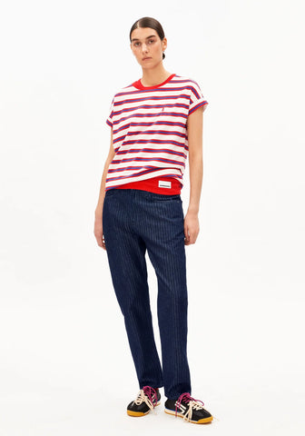 ARMEDANGELS IDAARA STRIPE T-SHIRT Light Oatmilk - Mars Red - Dynamo Blue