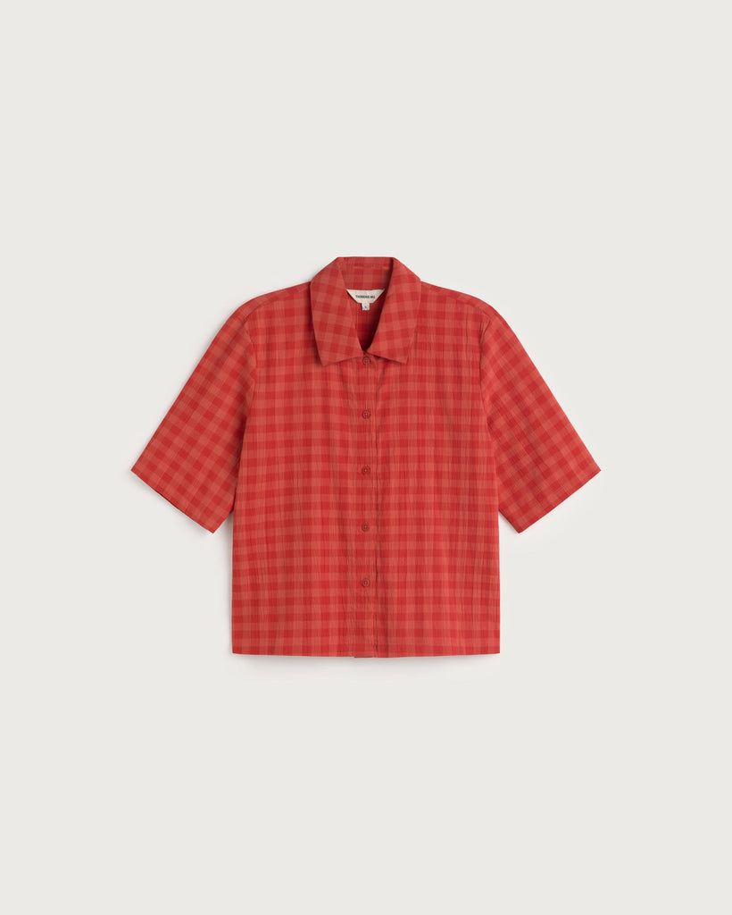 THINKING MU RED CHECKS SEERSUCKER ANE BLOUSE