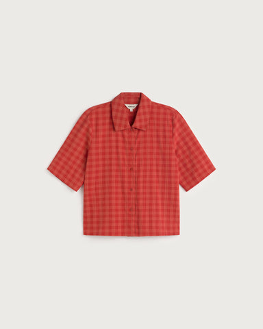 THINKING MU RED CHECKS SEERSUCKER ANE BLOUSE