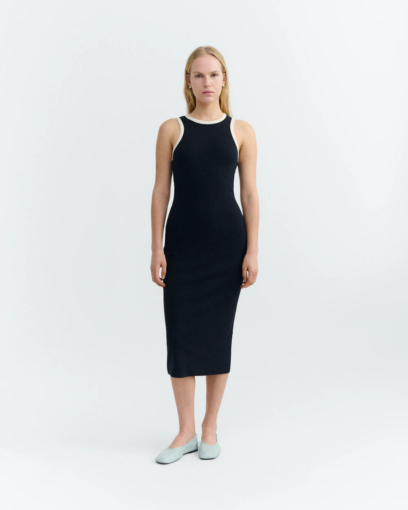 THINKING MU NAVY PANNACOTA CONTRAST DOECHI DRESS