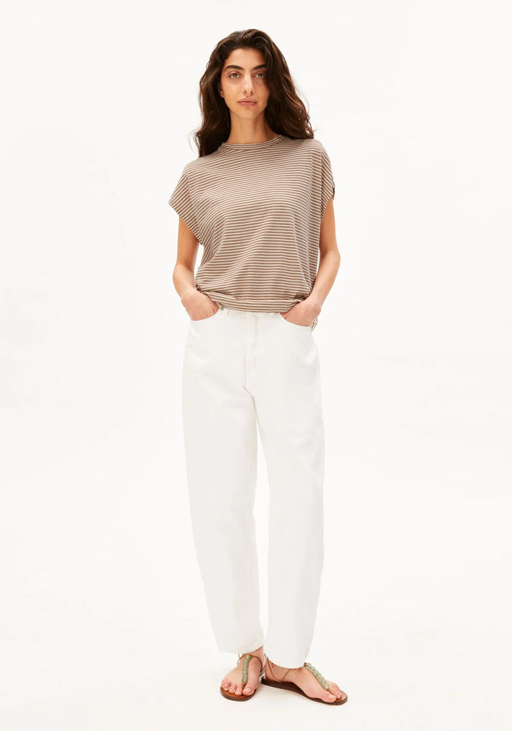 ARMEDANGELS SLUB JERSEY STRIPE T-SHIRT Oatmilk - Cinnamon Dust